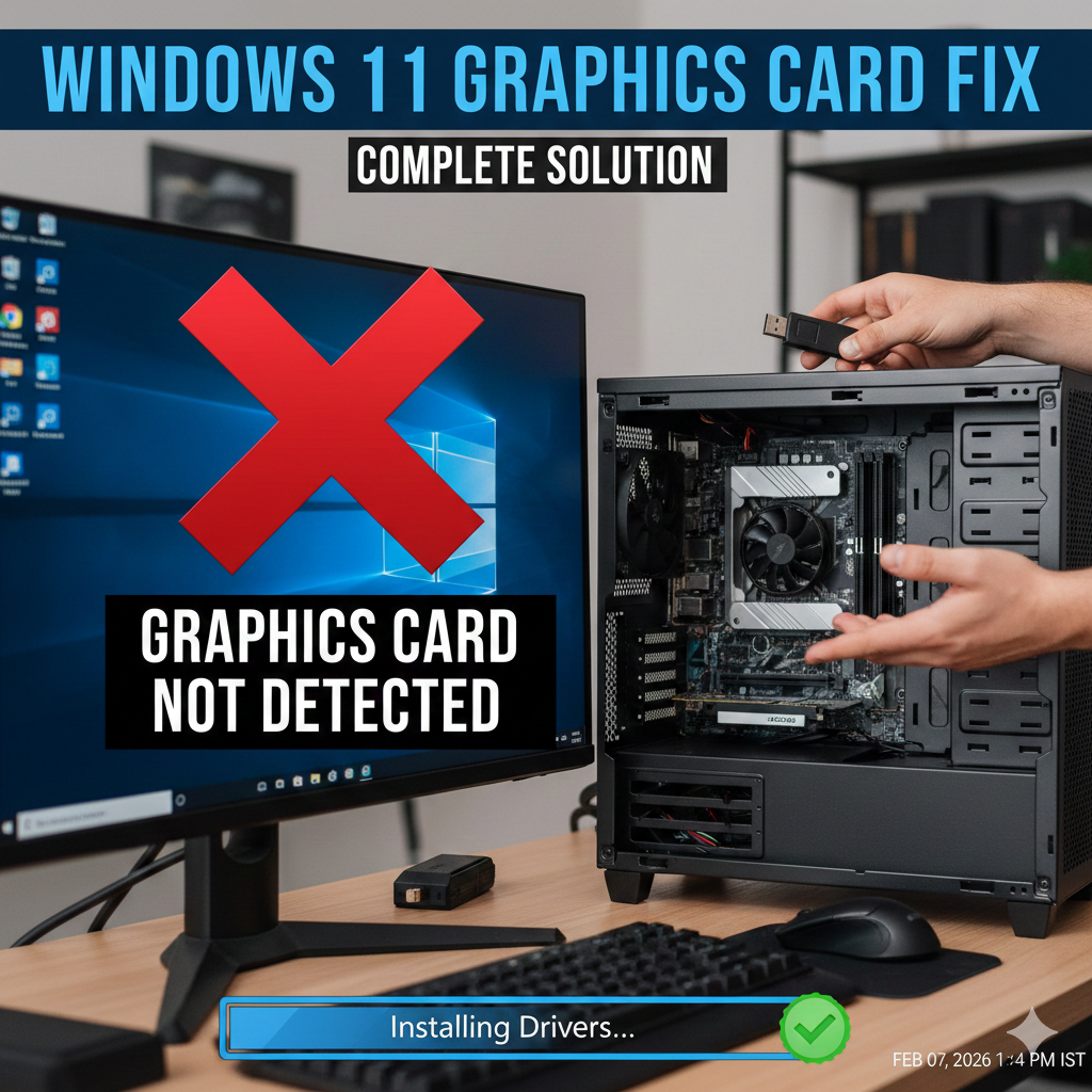 Ek professional setup ki image jisme monitor par Windows 11 interface aur ek bada red 'X' mark dikh raha hai jiske sath 'Graphics Card Not Detected' likha hai. Background mein ek open CPU cabinet hai jisme hardware components dikh rahe hain, aur neeche ek loading bar hai jo 'Installing Drivers...' dikha raha hai. Image ke upar 'Windows 11 Graphics Card Fix: Complete Solution' ka bold text hai.